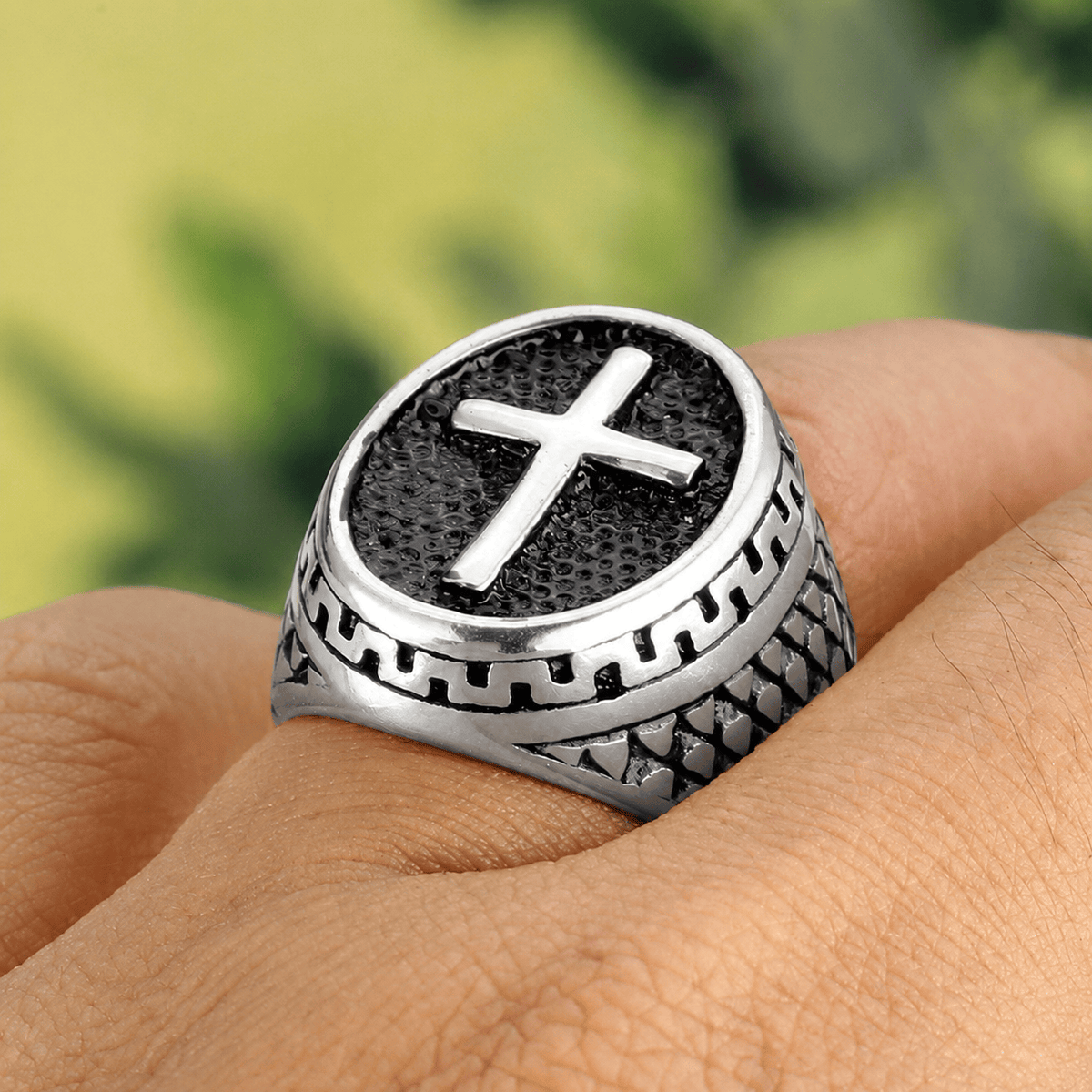 Oval Plaque Raised Cross Textured Side Signet Ring: Timeless Emblem of Unshakable Sacred Faith