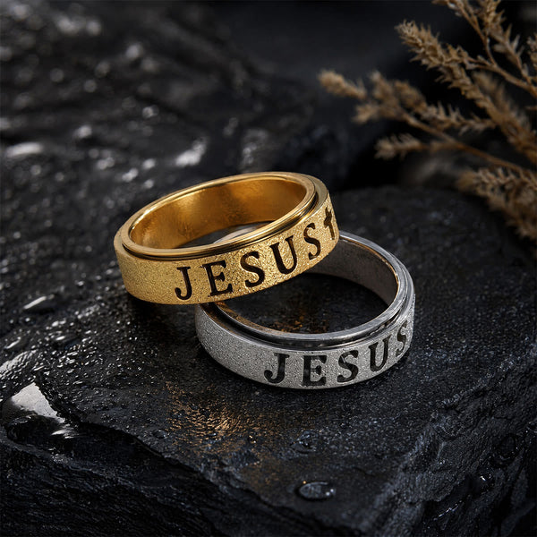 Engraved JESUS Text Cross Rotatable Anxiety Relief Band Ring: Timeless Emblem of Unshakable Sacred Faith