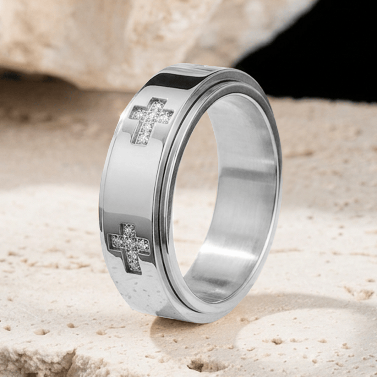 Dual-Layer Rotatable Cross Accent Anxiety Relief Ring: Timeless Emblem of Abiding Heavenly Shelter