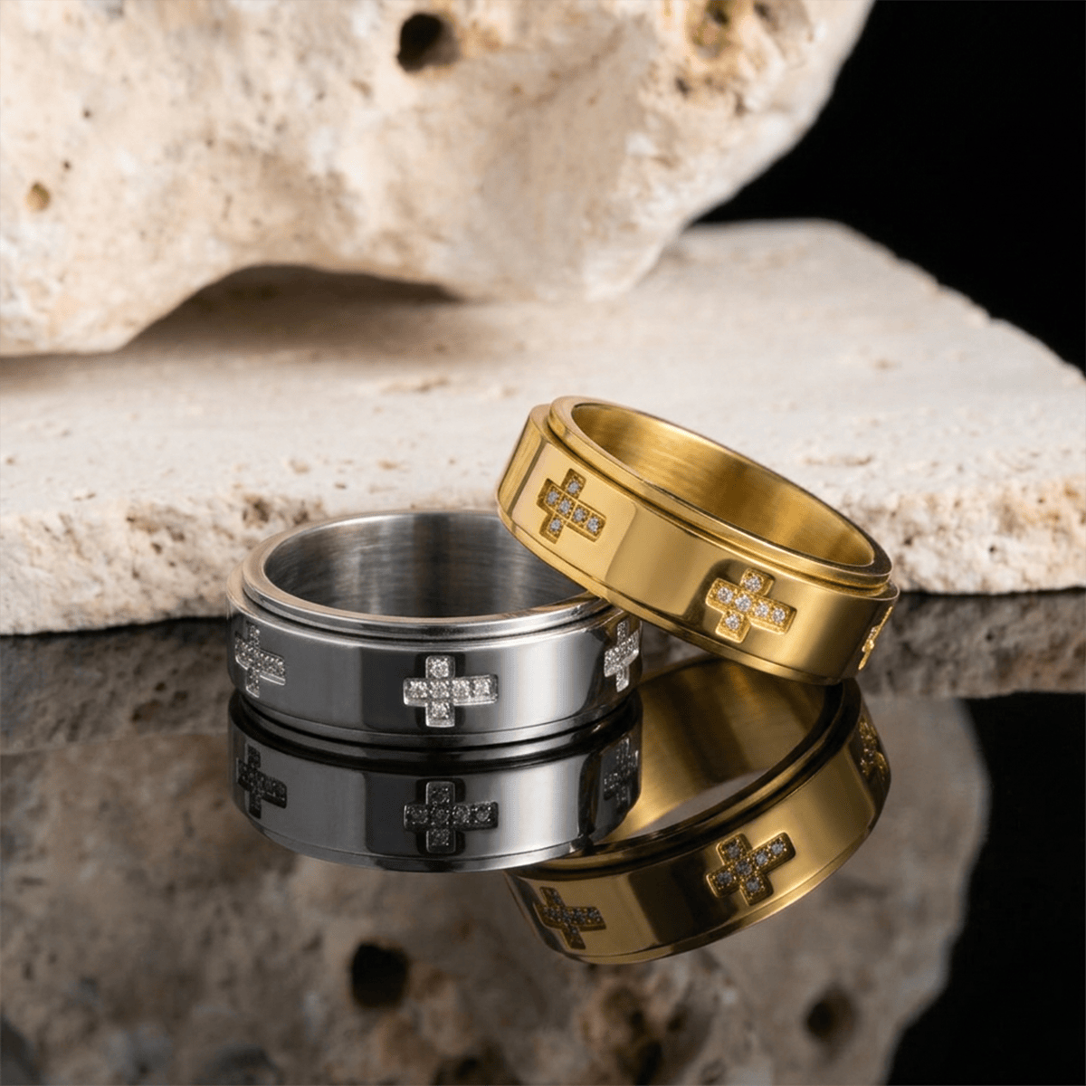 Dual-Layer Rotatable Cross Accent Anxiety Relief Ring: Timeless Emblem of Abiding Heavenly Shelter