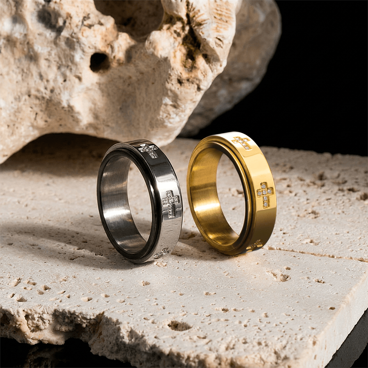 Dual-Layer Rotatable Cross Accent Anxiety Relief Ring: Timeless Emblem of Abiding Heavenly Shelter