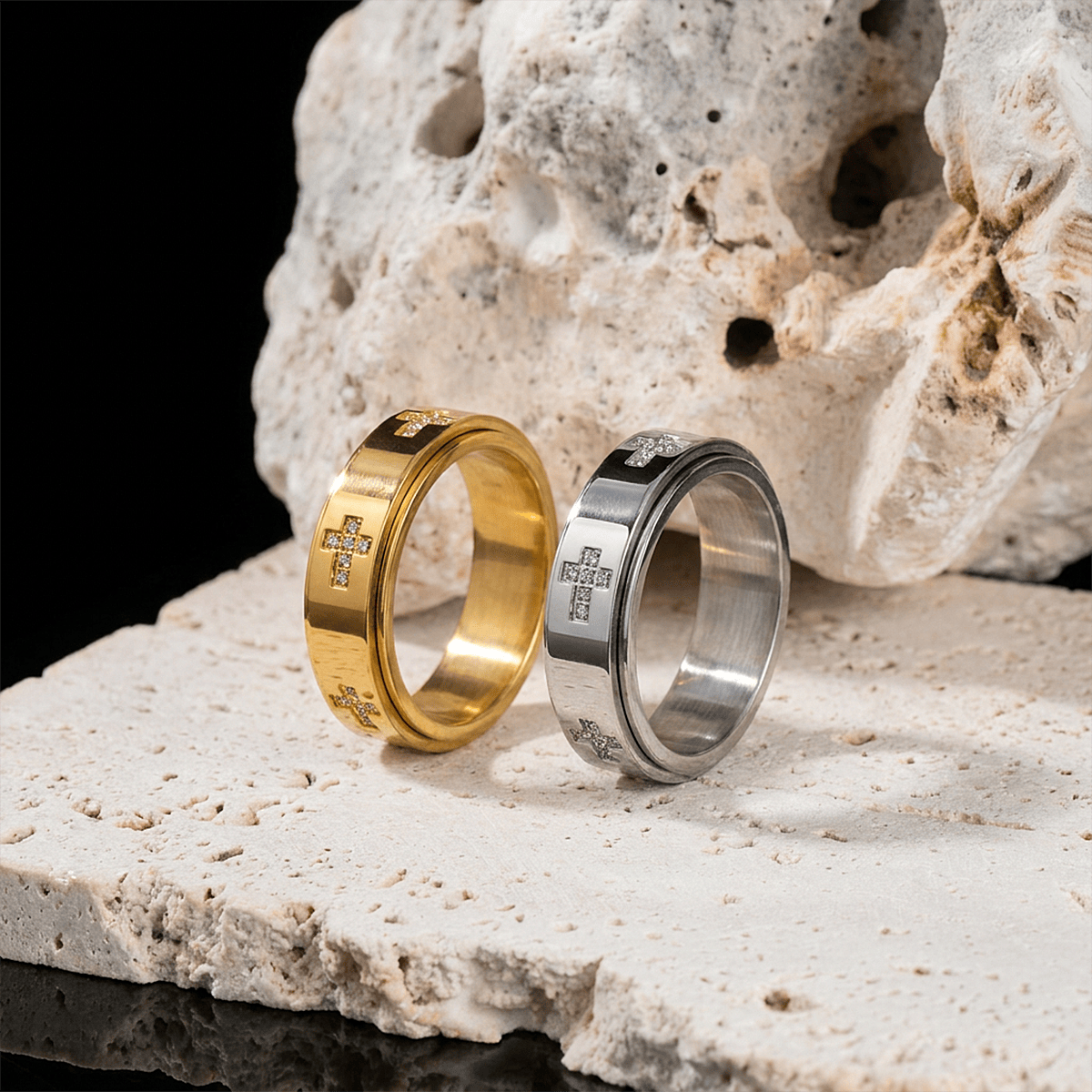 Dual-Layer Rotatable Cross Accent Anxiety Relief Ring: Timeless Emblem of Abiding Heavenly Shelter
