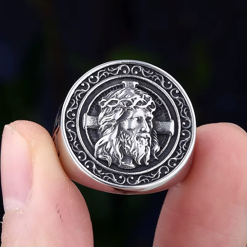 Round Plaque Crown of Thorns Jesus Scroll Border Signet Ring: Timeless Emblem of Unshakable Sacred Faith