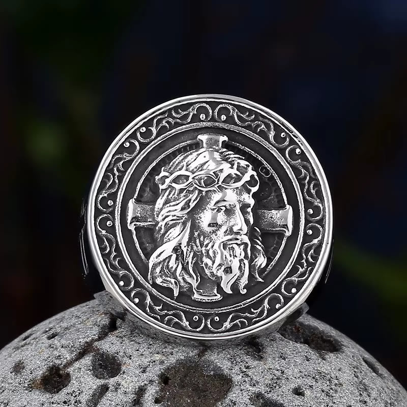 Round Plaque Crown of Thorns Jesus Scroll Border Signet Ring: Timeless Emblem of Unshakable Sacred Faith