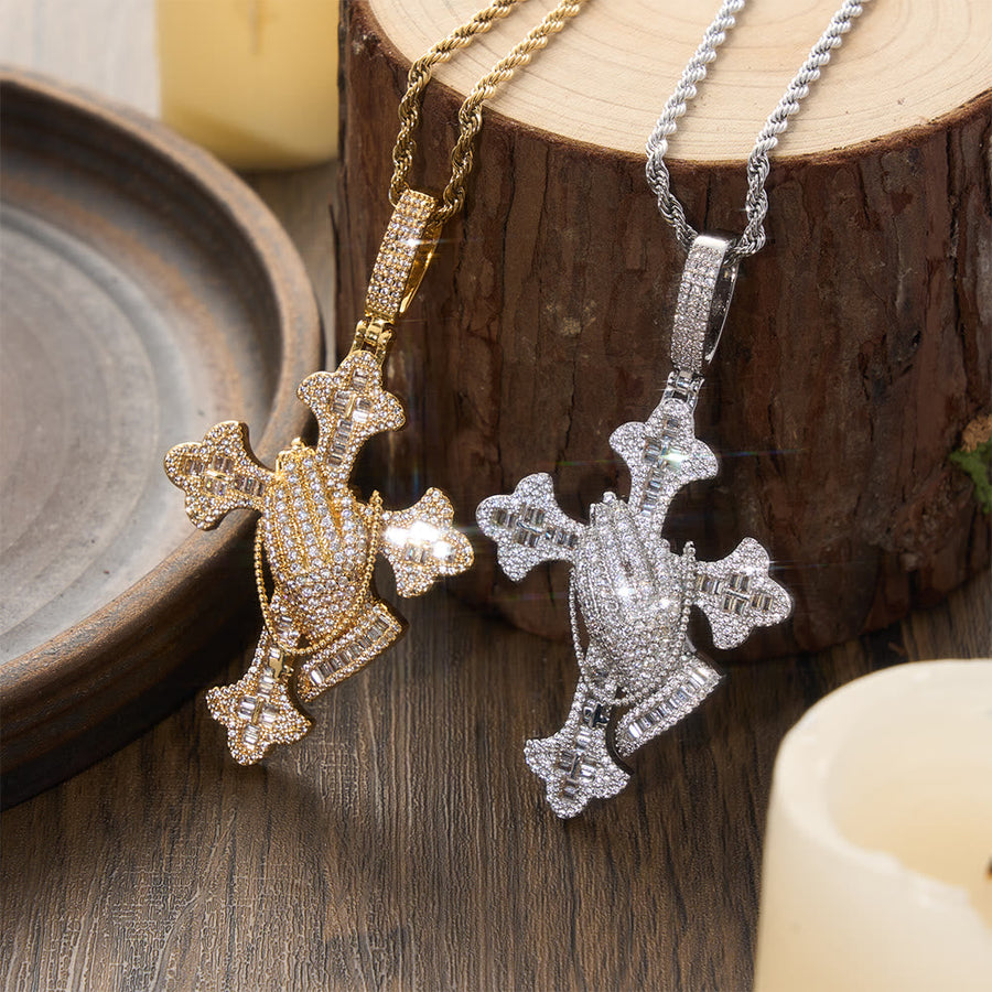 Stone Inlaid Praying Hands Cross Pendant Necklace: Timeless Emblem of Sincere Devout Prayer