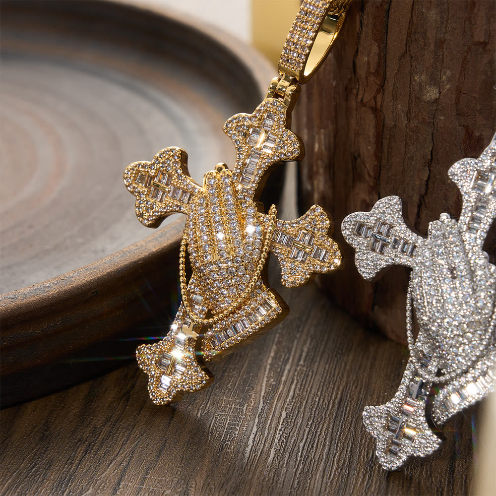 Stone Inlaid Praying Hands Cross Pendant Necklace: Timeless Emblem of Sincere Devout Prayer