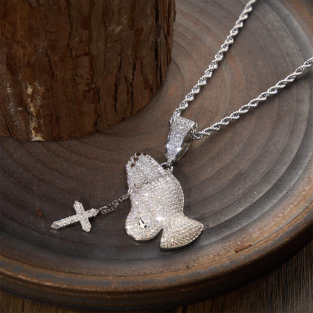 Full Pave Praying Hands Pendant With Hanging Cross Necklace: Timeless Emblem of Sincere Devout Prayer