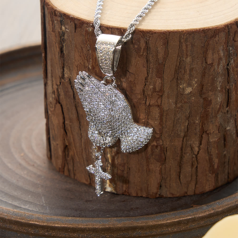 Full Pave Praying Hands Pendant With Hanging Cross Necklace: Timeless Emblem of Sincere Devout Prayer