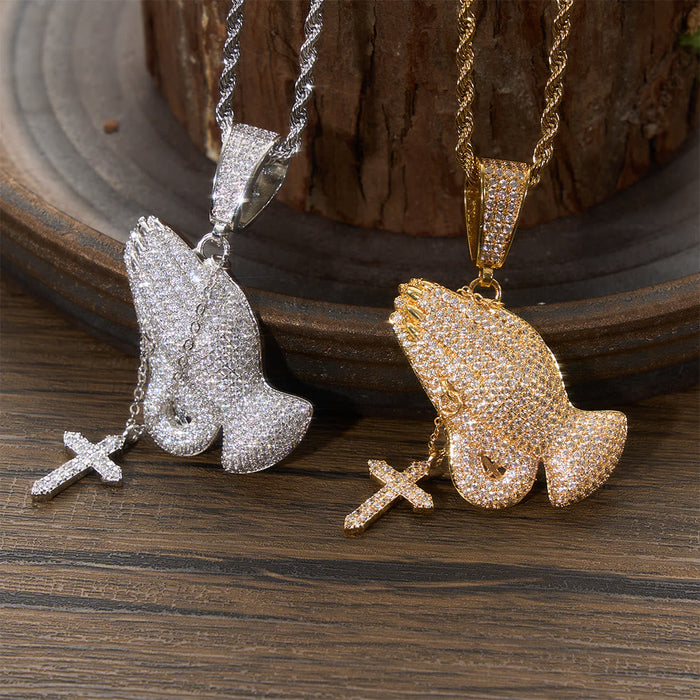 Full Pave Praying Hands Pendant With Hanging Cross Necklace: Timeless Emblem of Sincere Devout Prayer