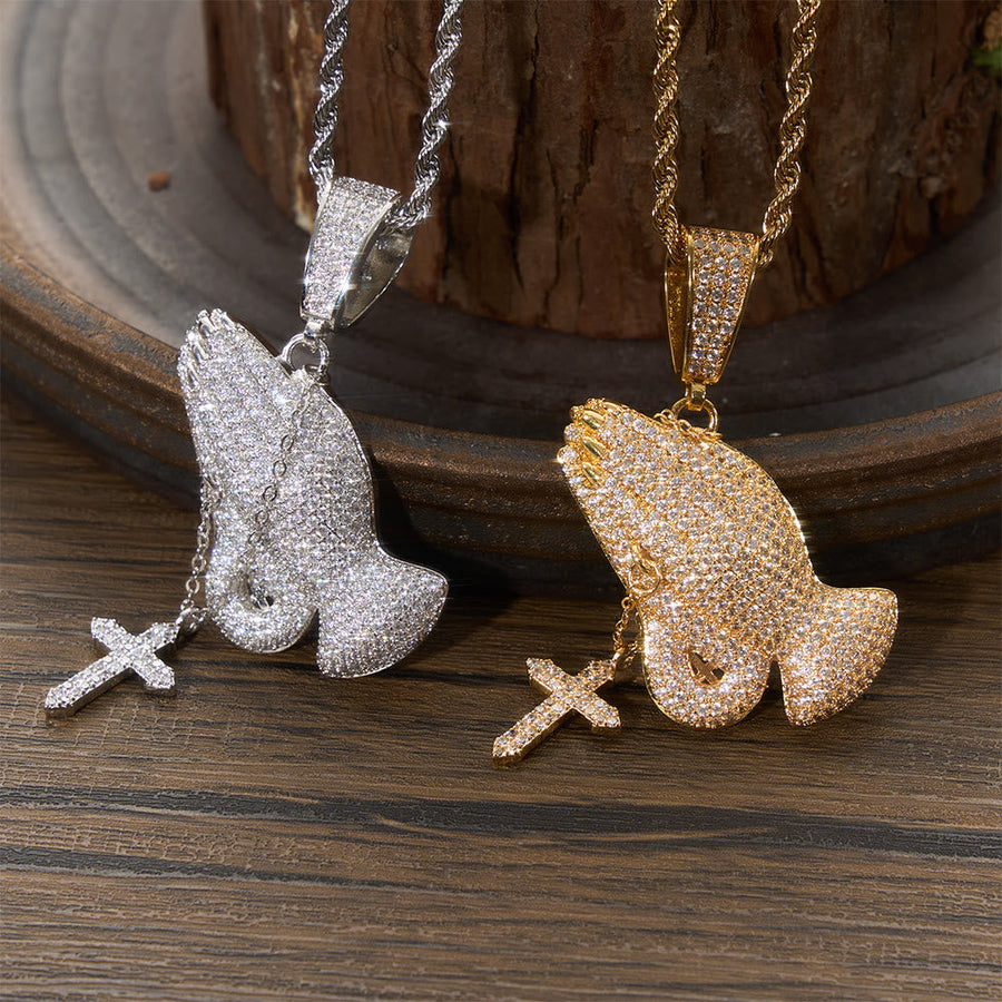 Full Pave Praying Hands Pendant With Hanging Cross Necklace: Timeless Emblem of Sincere Devout Prayer
