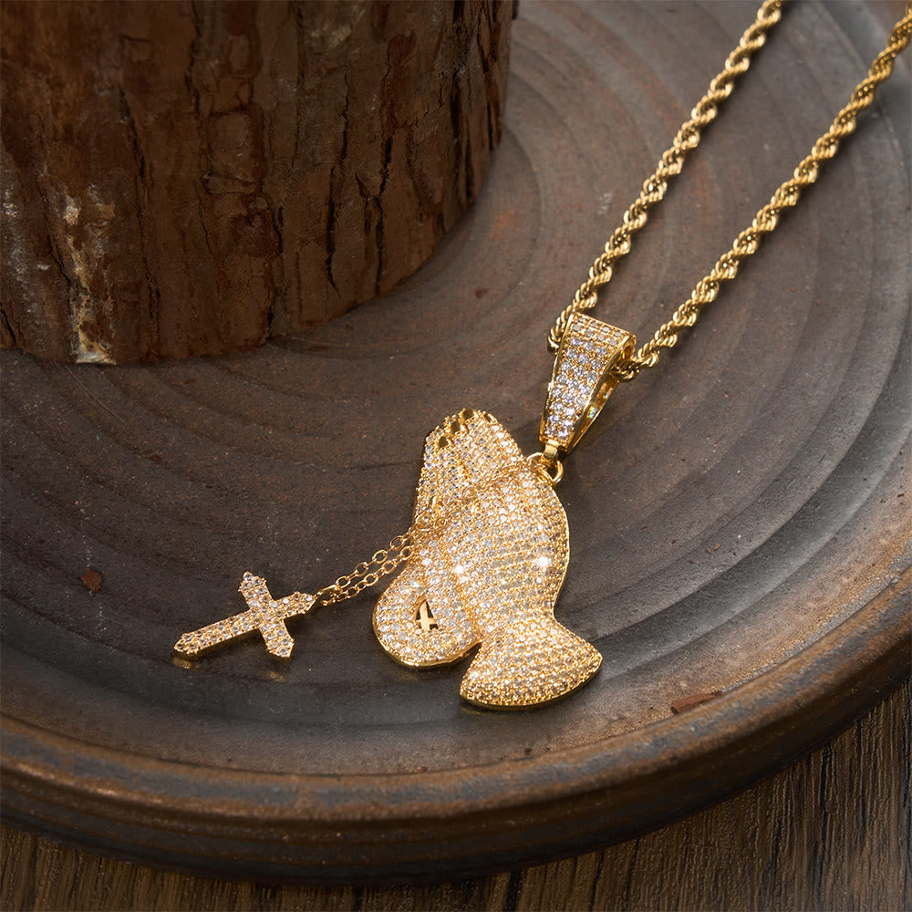 Full Pave Praying Hands Pendant With Hanging Cross Necklace: Timeless Emblem of Sincere Devout Prayer
