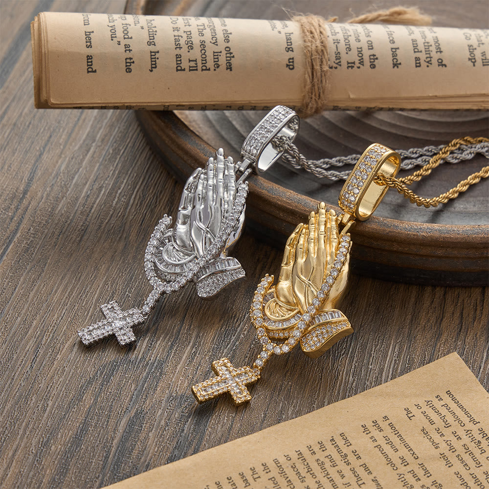 Praying Hand Stone Wreath Cross Necklace: Timeless Emblem of Abiding Divine Peace