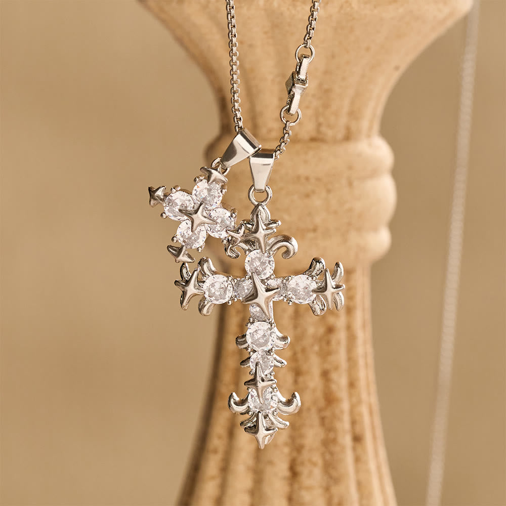 Star Accent Stone Inlaid Double Cross Layered Necklace: Timeless Emblem of Sincere Devout Prayer