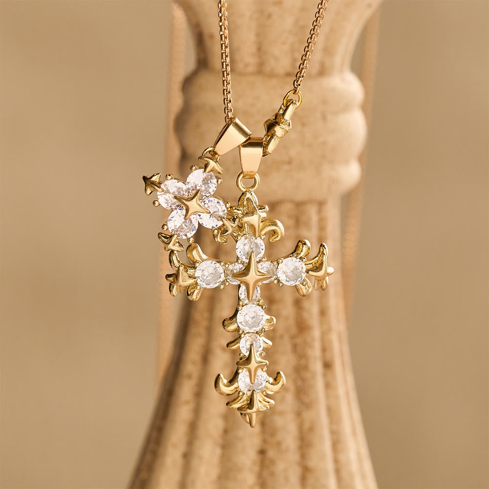 Star Accent Stone Inlaid Double Cross Layered Necklace: Timeless Emblem of Sincere Devout Prayer