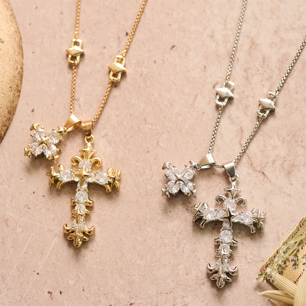 Star Accent Stone Inlaid Double Cross Layered Necklace: Timeless Emblem of Sincere Devout Prayer