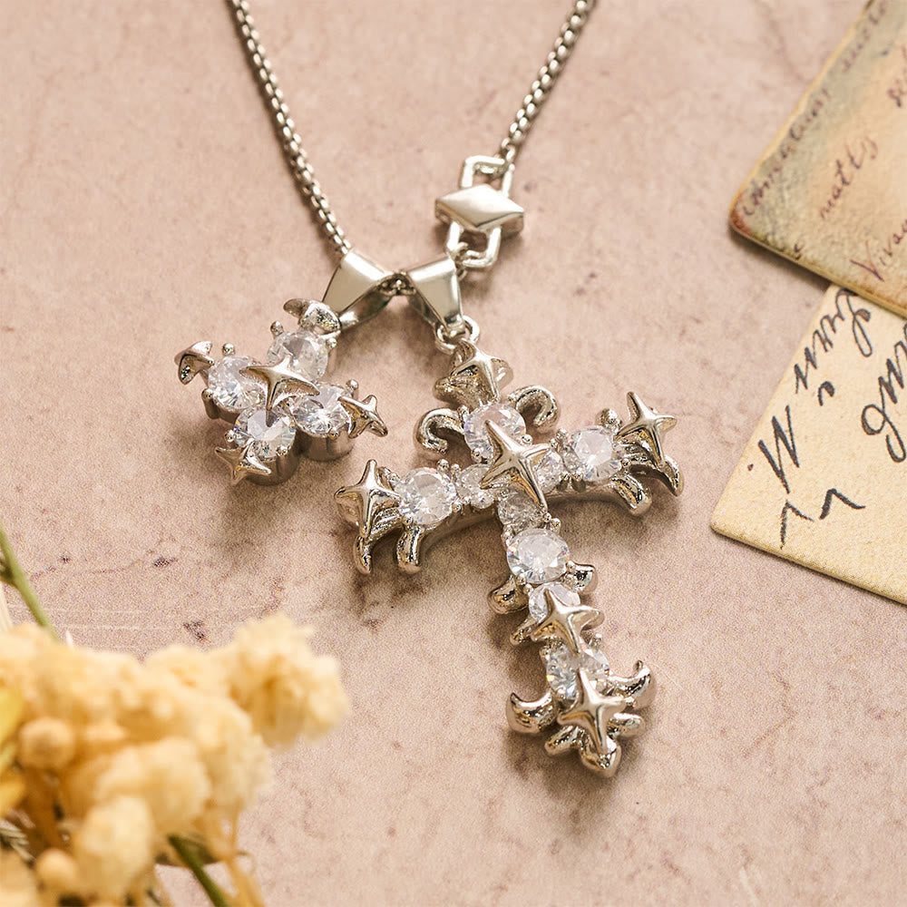 Star Accent Stone Inlaid Double Cross Layered Necklace: Timeless Emblem of Sincere Devout Prayer