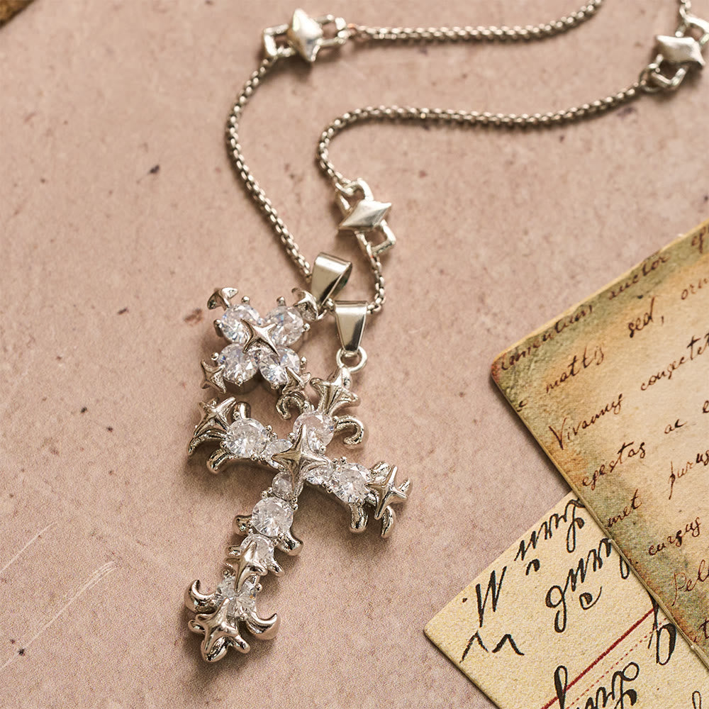 Star Accent Stone Inlaid Double Cross Layered Necklace: Timeless Emblem of Sincere Devout Prayer