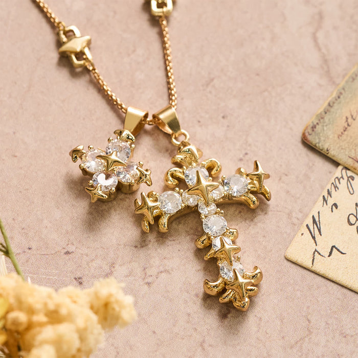Star Accent Stone Inlaid Double Cross Layered Necklace: Timeless Emblem of Sincere Devout Prayer