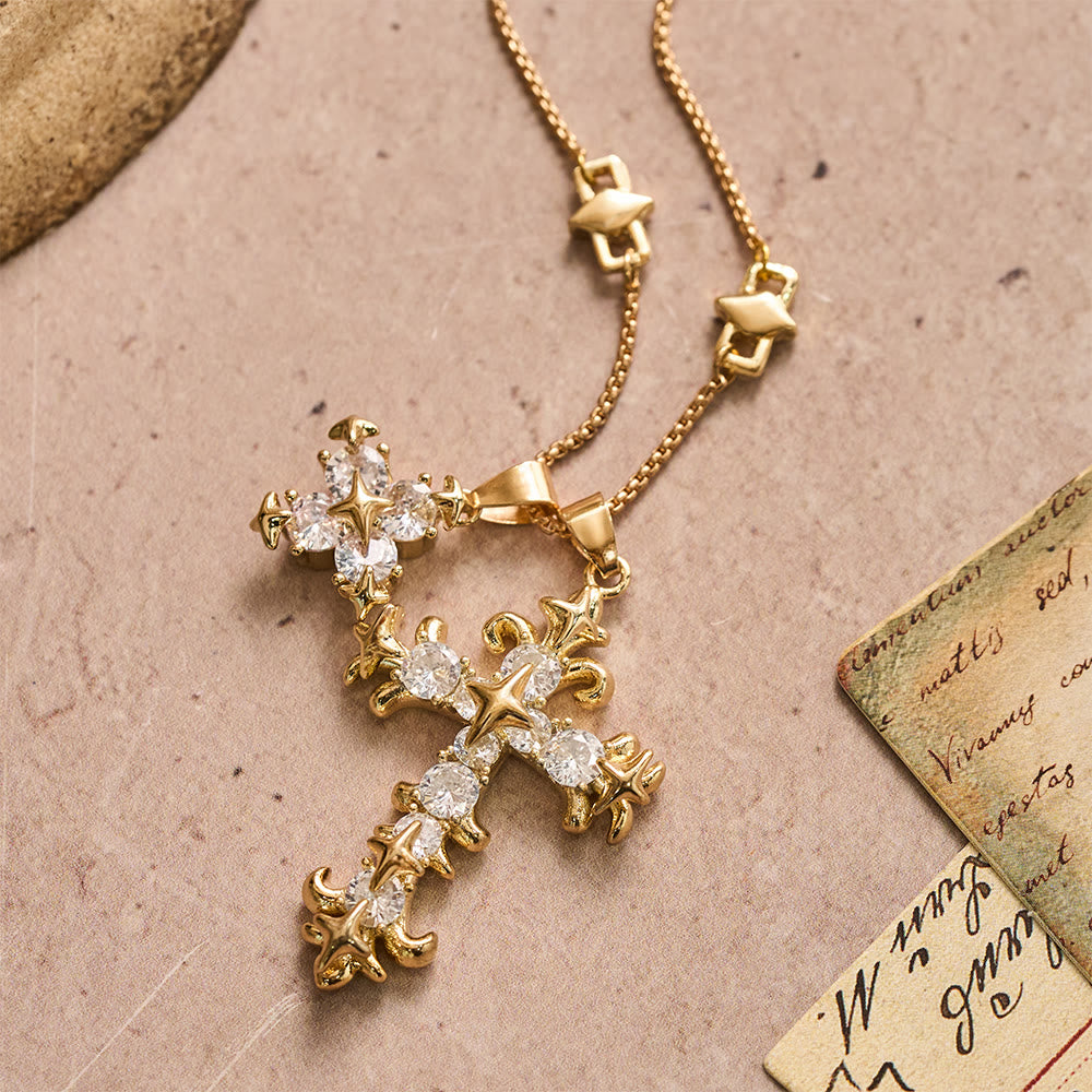 Star Accent Stone Inlaid Double Cross Layered Necklace: Timeless Emblem of Sincere Devout Prayer
