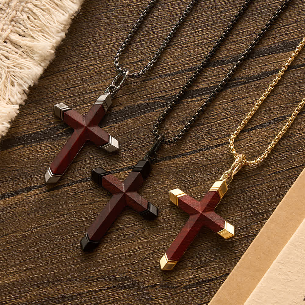Two-Tone Stainless Steel Inlaid Solid Wood Cross Pendant Box Chain Necklace