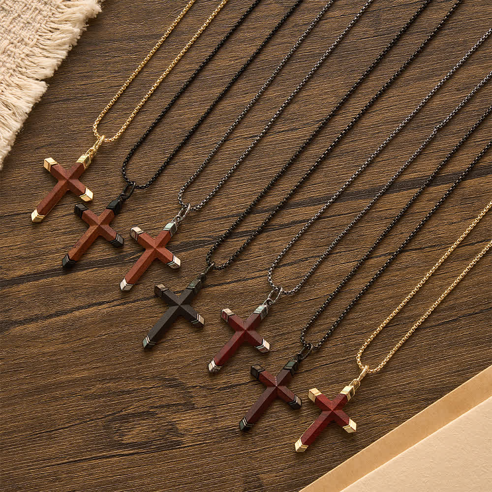 Two-Tone Stainless Steel Inlaid Solid Wood Cross Pendant Box Chain Necklace