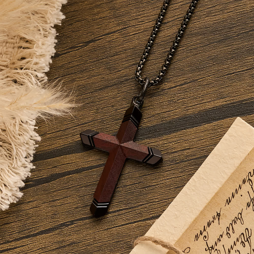 Two-Tone Stainless Steel Inlaid Solid Wood Cross Pendant Box Chain Necklace