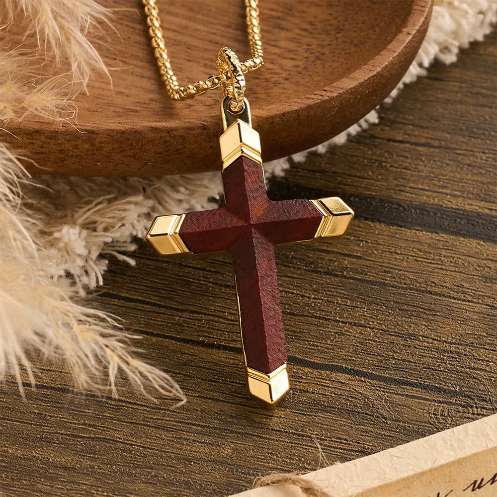 Two-Tone Stainless Steel Inlaid Solid Wood Cross Pendant Box Chain Necklace