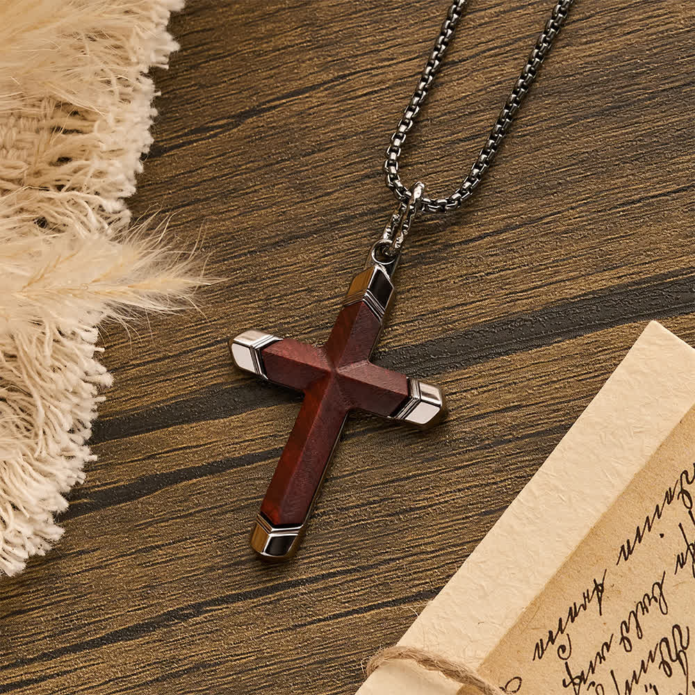 Two-Tone Stainless Steel Inlaid Solid Wood Cross Pendant Box Chain Necklace