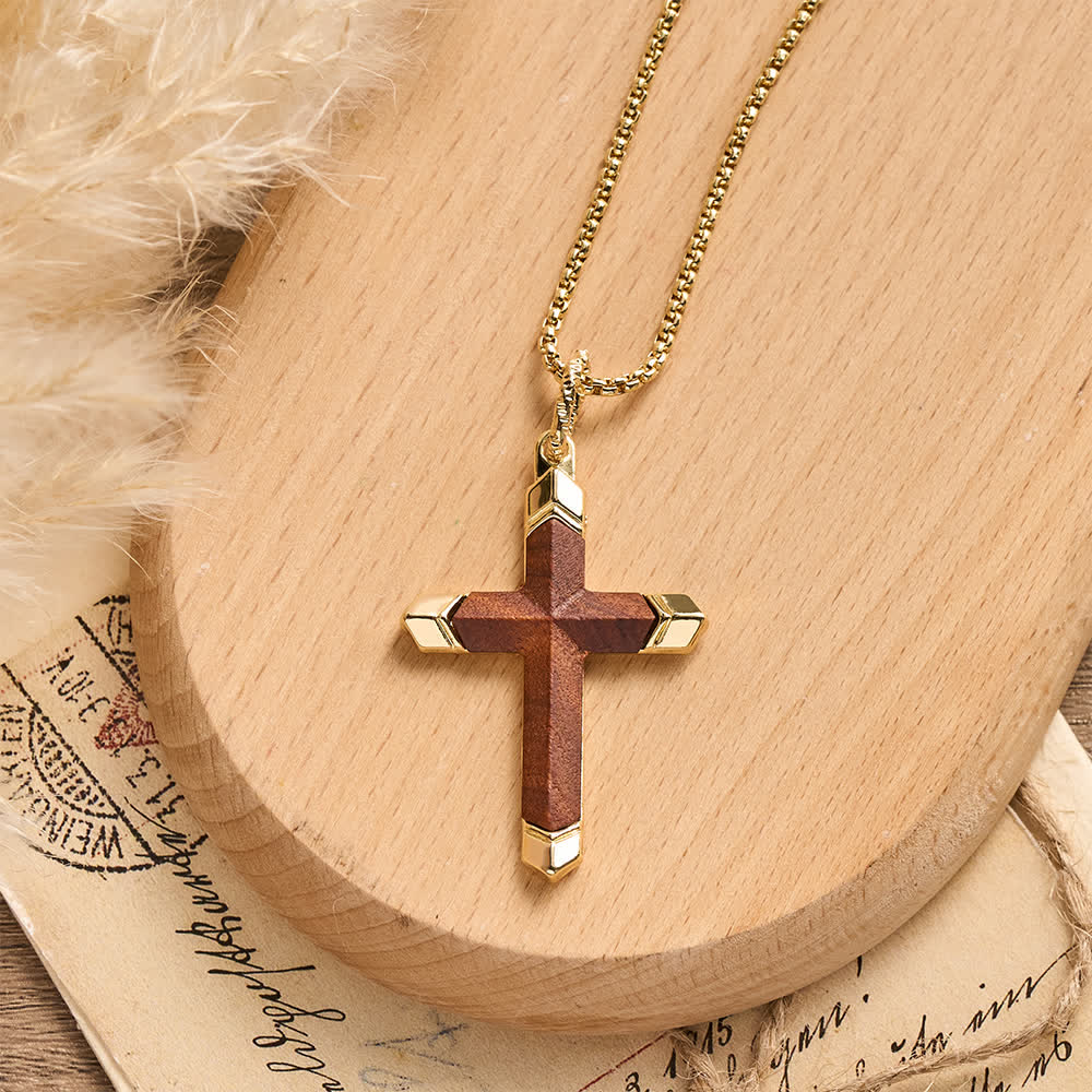 Two-Tone Stainless Steel Inlaid Solid Wood Cross Pendant Box Chain Necklace