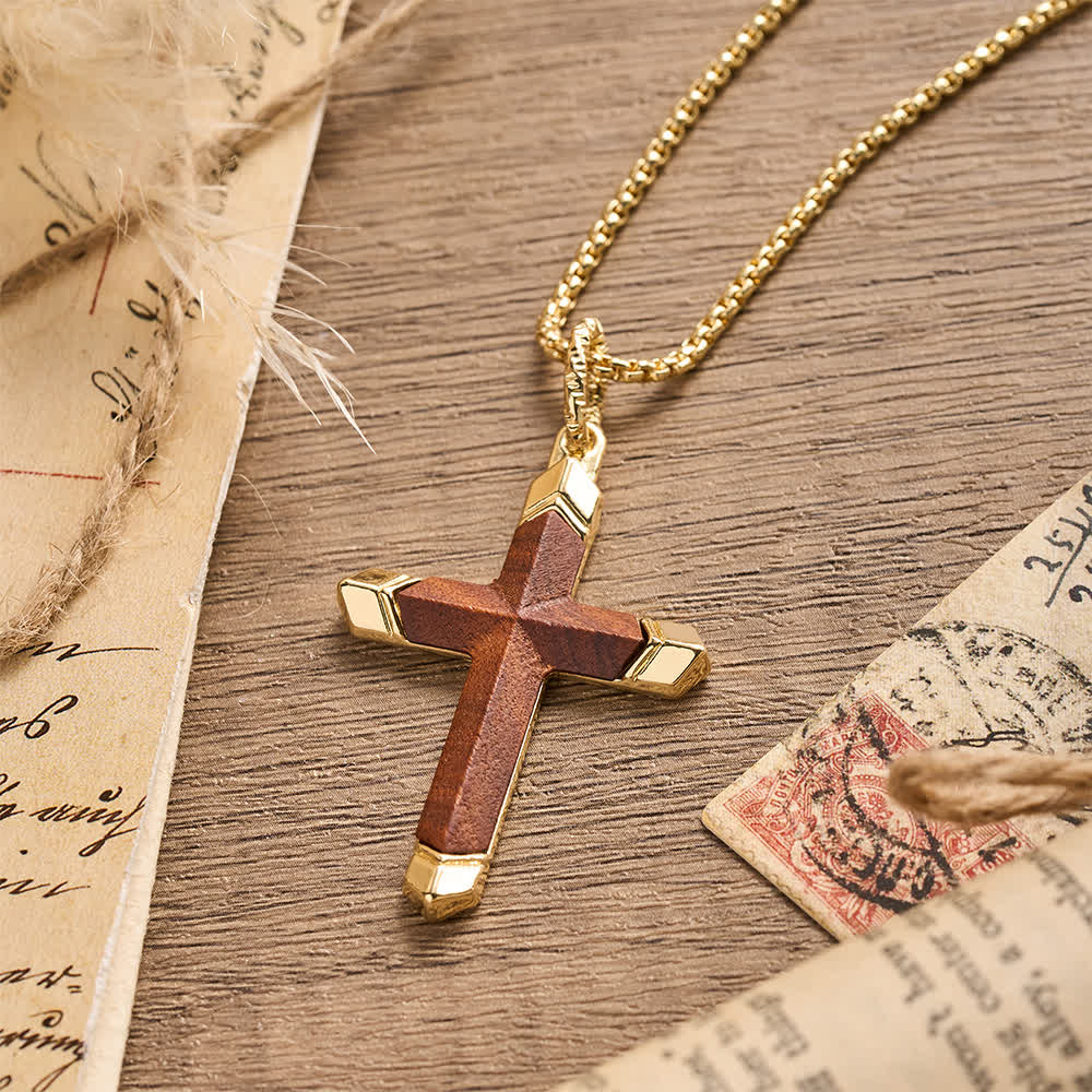 Two-Tone Stainless Steel Inlaid Solid Wood Cross Pendant Box Chain Necklace