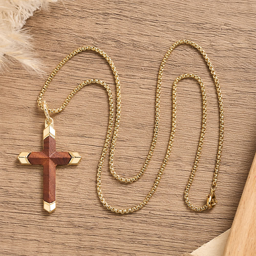 Two-Tone Stainless Steel Inlaid Solid Wood Cross Pendant Box Chain Necklace