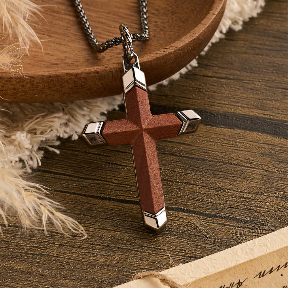 Two-Tone Stainless Steel Inlaid Solid Wood Cross Pendant Box Chain Necklace