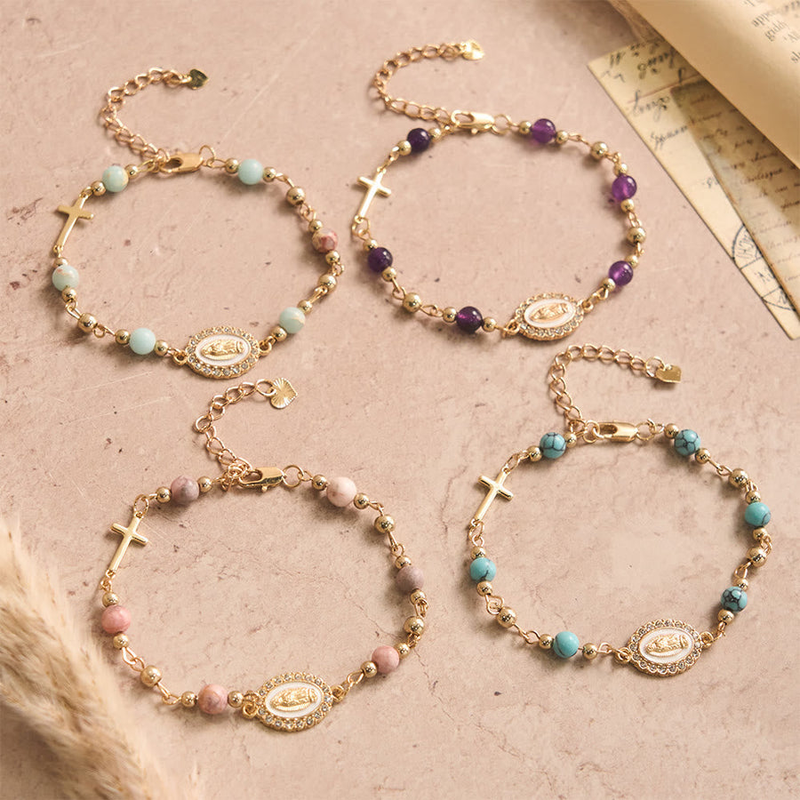 Our Lady Oval Plaque Cross Natural Stone Adjustable Bracelet: Personalized Emblem of Steadfast Heavenly Faith
