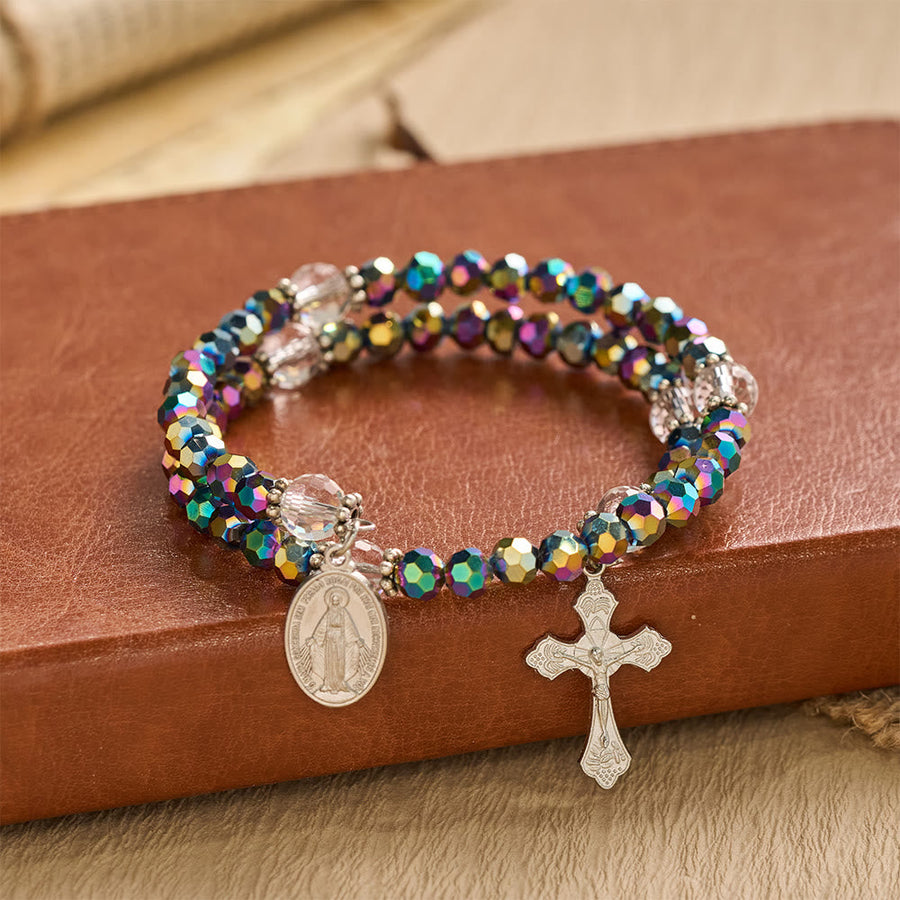 Faceted Bead Virgin Mary Medal Crucifix Wrap Bracelet: Personalized Emblem of Steadfast Heavenly Faith