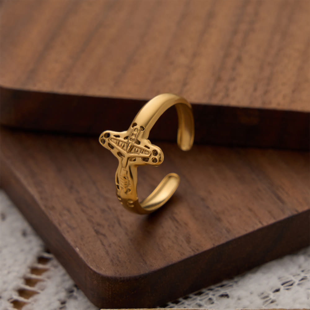 Hollow Outline Crucifix Adjustable Open Ring: Personalized Emblem of Steadfast Heavenly Faith