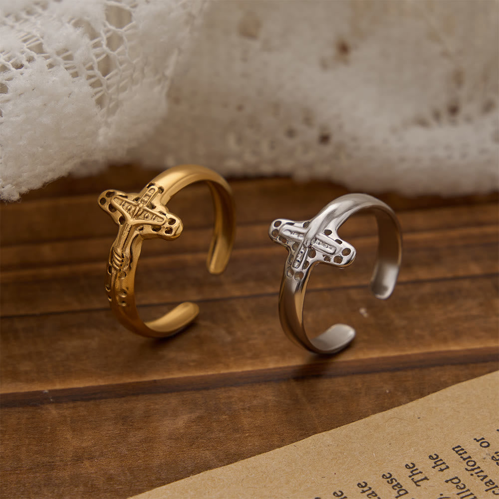Hollow Outline Crucifix Adjustable Open Ring: Personalized Emblem of Steadfast Heavenly Faith