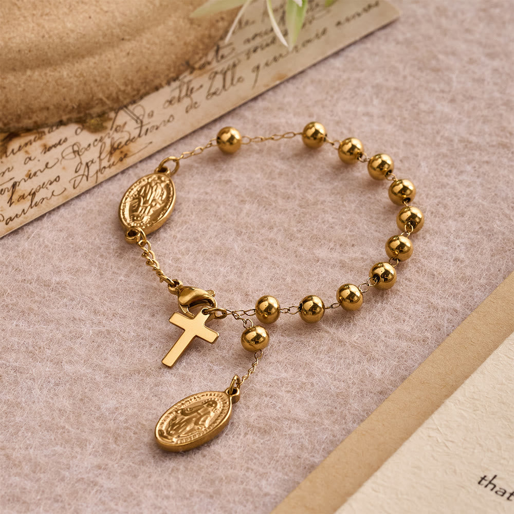 Smooth Round Bead Virgin Mary Medal Dangle Cross Extension Bracelet: Personalized Emblem of Steadfast Heavenly Faith