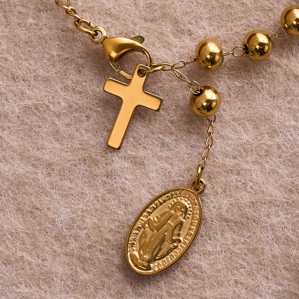 Smooth Round Bead Virgin Mary Medal Dangle Cross Extension Bracelet: Personalized Emblem of Steadfast Heavenly Faith