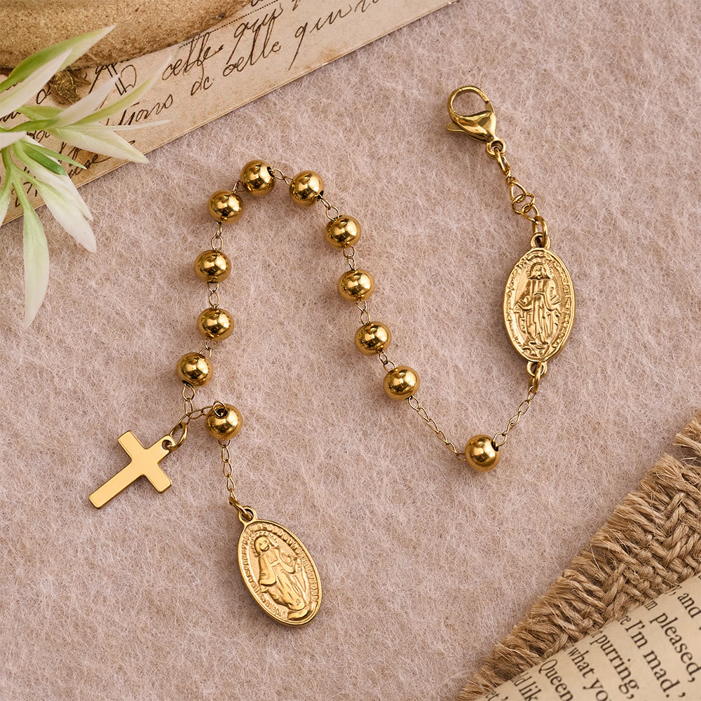 Smooth Round Bead Virgin Mary Medal Dangle Cross Extension Bracelet: Personalized Emblem of Steadfast Heavenly Faith