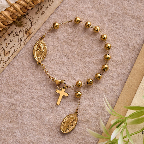 Smooth Round Bead Virgin Mary Medal Dangle Cross Extension Bracelet: Personalized Emblem of Steadfast Heavenly Faith