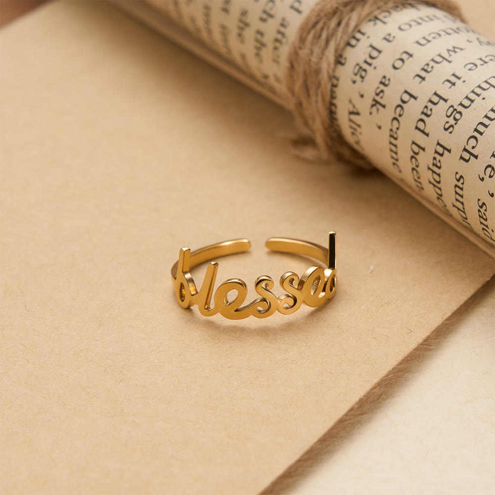 Cursive Blessed Word Open Adjustable Ring: Personalized Emblem of Steadfast Heavenly Faith