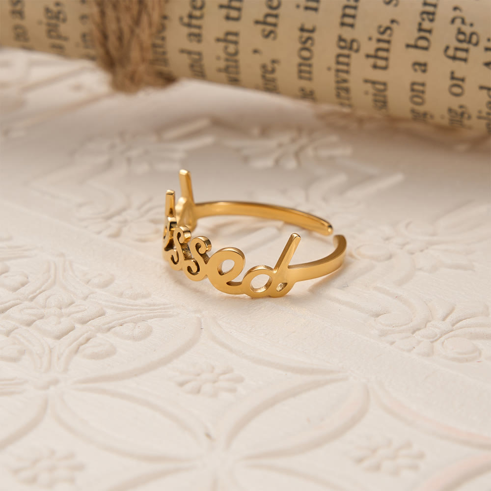 Cursive Blessed Word Open Adjustable Ring: Personalized Emblem of Steadfast Heavenly Faith