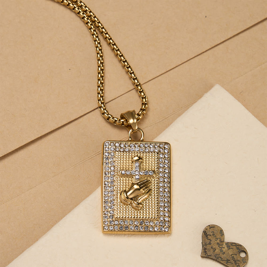 Praying Hands Cross Rectangular Tag Box Chain Necklace: Timeless Emblem of Sincere Devout Prayer