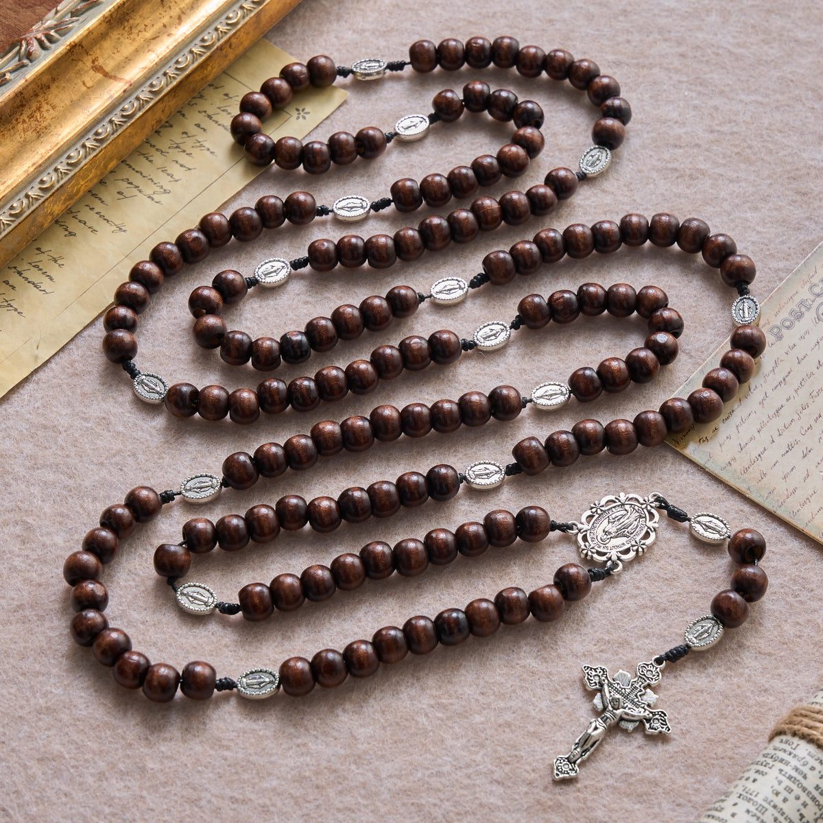 5/15/20 Decade Polished Natural Wood Bead Floral Frame Our Lady & Carved Crucifix Rosary