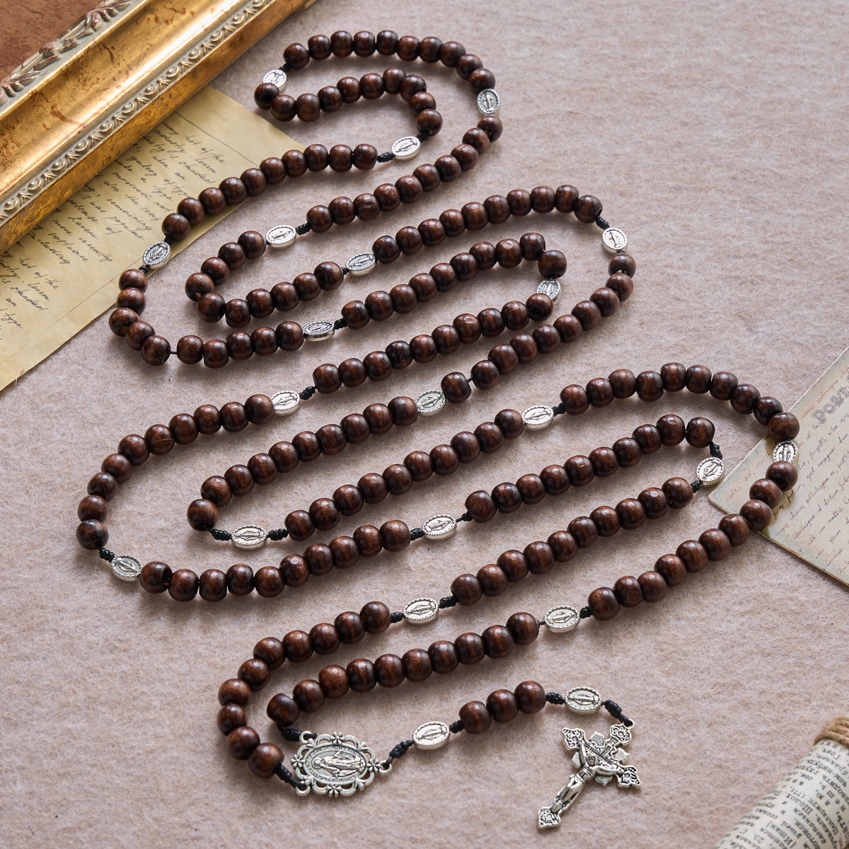5/15/20 Decade Polished Natural Wood Bead Floral Frame Our Lady & Carved Crucifix Rosary