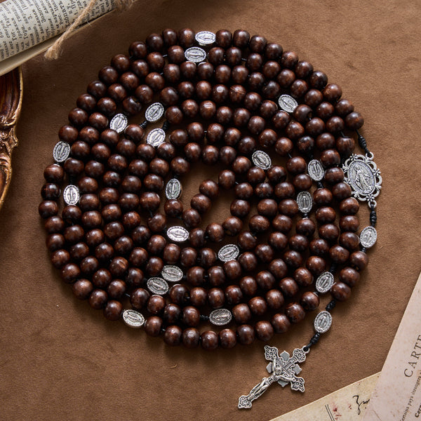 5/15/20 Decade Polished Natural Wood Bead Floral Frame Our Lady & Carved Crucifix Rosary