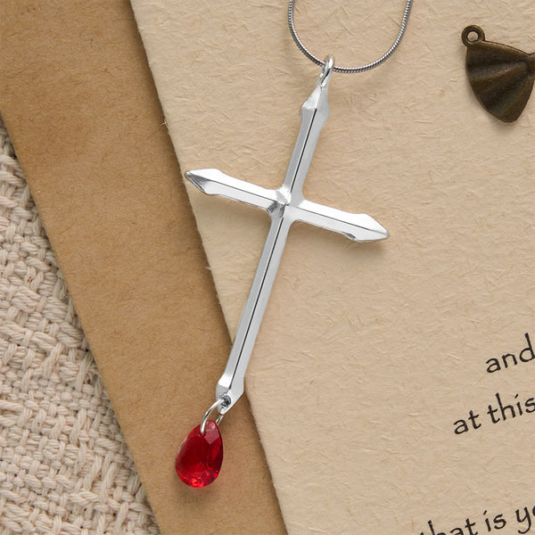 Sword Cross Necklace with Red Zircon Drop: A Sacred Keepsake for Believers