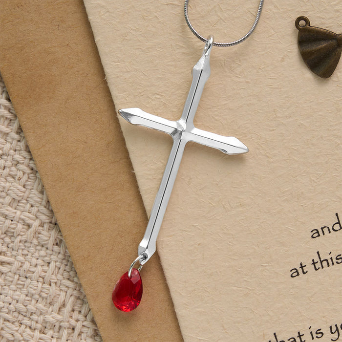 Sword Cross Necklace with Red Zircon Drop: A Sacred Keepsake for Believers