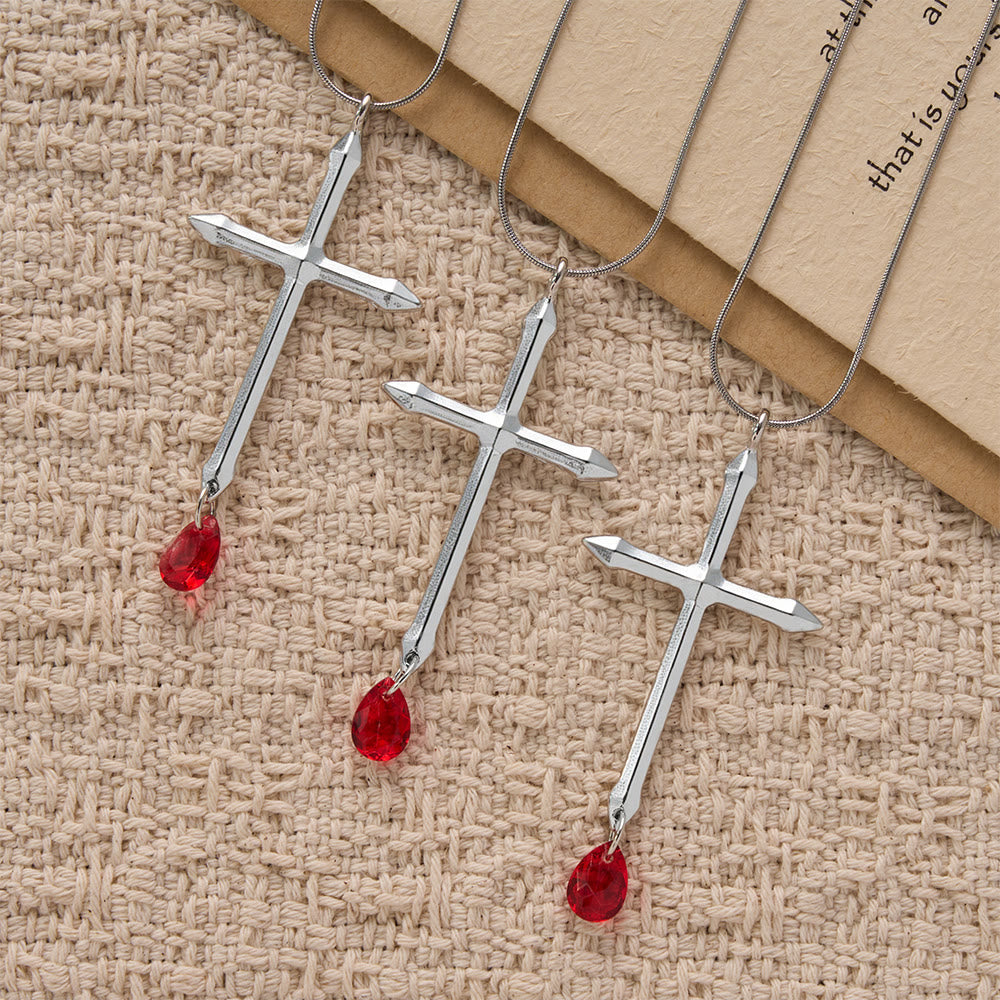 Sword Cross Necklace with Red Zircon Drop: A Sacred Keepsake for Believers