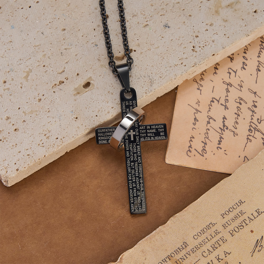 Lord’s Prayer Engraved Cross Pendant Necklace with Spinning Ring